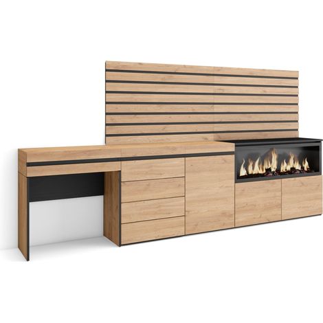 Skraut Home - Tocador, Dormitorio habitación, 284x145x35 cm, Con cajón, Chimenea eléctrica XXL, Cómoda, Cajonera, Listones Decorativos, Estilo Moderno, Roble (1/5)