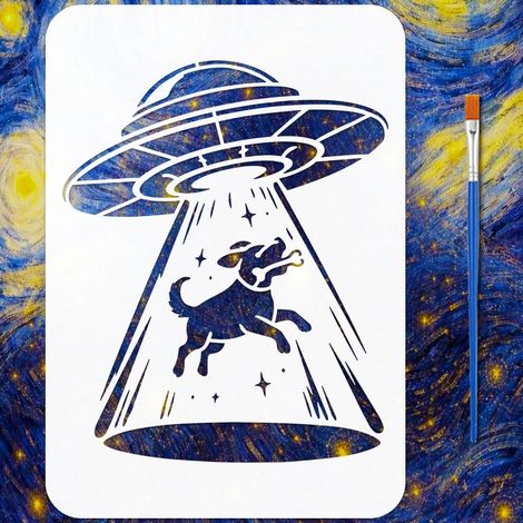 Pochoir de Peinture de Motif OVNI Chien avec Pinceau 29,7x21cm Pochoir en Plastique Réutilisable d'Espace Planète OVNI Pochoirs de Vaisseau Spatial Alien pour Bois Sol Mur Tissu (1/5)