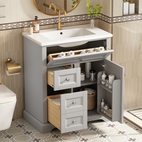 Meuble lave-mains 76x46x87 cm, meuble lave mains à poser, meuble vasque, avec lavabo, tiroir, meuble de salle de bain à poser - Gris (1/5)