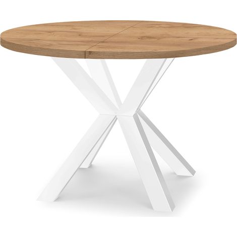 Table de salle à manger ronde extensible RAL avec pieds en bois, style loft, industriel, diamètre : 100 / 150 cm, couleur :Craft / blanc