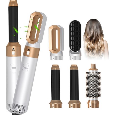 Brosse à air chaud 5 en 1, coloris platine, conforme aux normes européennes, convient aux cheveux lisses et bouclés, pou (1/5)