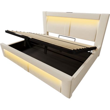 Cama doble 180 x 200 cm con almacenaje, LED, USB-C y USB, terciopelo beige, MODENUIT (1/5)