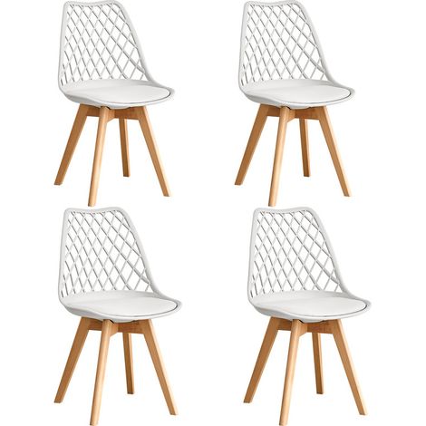 Wokaka Lot de 4 chaises - Chaises desalle à manger - Scandinave - Dossier en maille - Coussin de siège en cuir(Blanc)