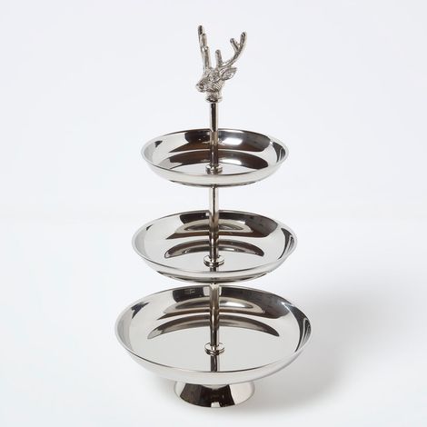 HOMESCAPES Silver Aluminium 3-Tier Display Stand with Stag Head (1/5)