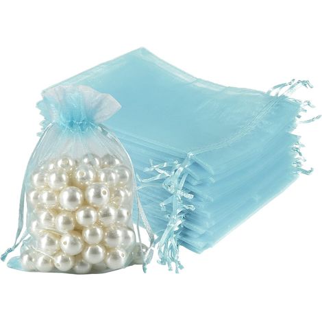 50 bolsas de regalo de Navidad, bolsas de organza, bolsas de regalo de organza, bolsas de joyería, bolsas de boda, bolsas de lavanda, regalos de boda, 7 x 9 cm, azul claro (1/5)