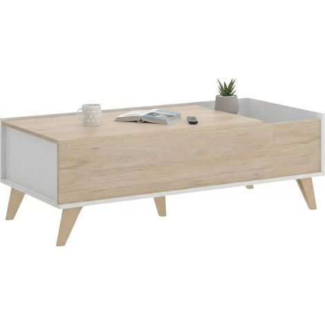 Dmora - Tavolino da salotto Cuna, Porta riviste da soggiorno con vano portaoggetti, Tavolo basso da caffè elevabile, 99x60h41 cm, Rovere e Bianco, con imballo rinforzato