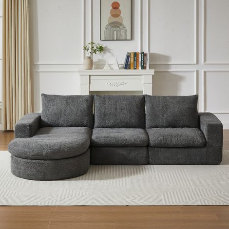 Canapé d'angle modulable en chenille - 250x160x80 cm - 3 places - Méridienne réversible - Sans montage - Confortable - Gris (1/5)