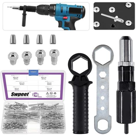 211pcs kit d'adaptateur de pistolet à rivets électrique en acier allié noir avec tête de rivet et clé à poignée de diamètre 2,4/3,2/4,0/4,8 mm et kit de rivets aveugles en aluminium (1/5)