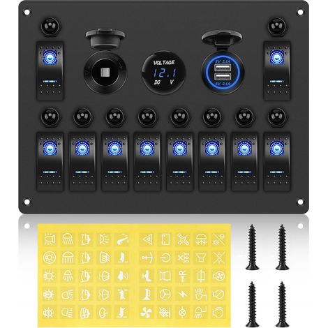 Panneau de Commutation à Bascule à 10 Gang 12 V 24 V Interrupteur à Bascule Étanche avec Disjoncteur Voltmètre Prise Allume-cigare Double Chargeur USB (1/5)