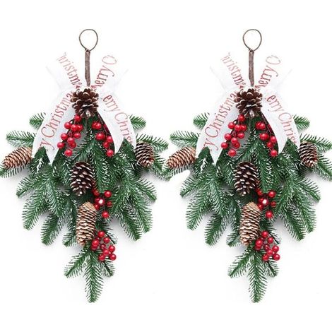 2 PCS Artificielle Swag Noël Teardrop Guirlande Porte Avant Swags avec Baies et Pommes de Pin, 19.6Inch Christmas Teardrop Floral Swag (1/5)