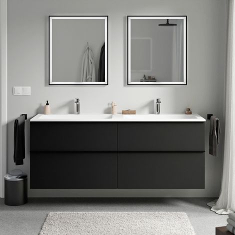 Badmöbel Unterschrank Bernstein LAVOA 160cm mit Mineralguss Waschbecken CREAM Badmöbel: Schwarz matt, Metallgriff: Schwarz matt, Waschbecken: Weiß matt mit Hahnloch