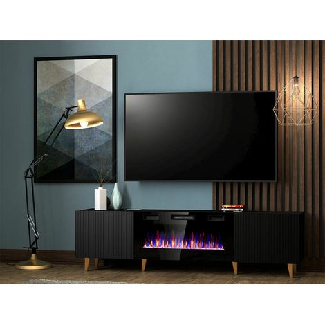 Meuble TV Noir 180x49x40cm Avec Cheminée chauffante intégrée PALACE sur pieds (1/2)