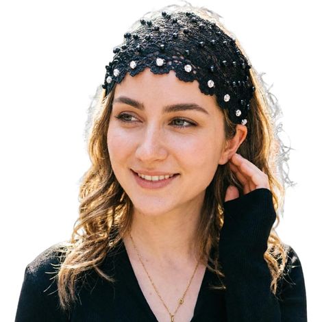Haarbänder Aus Spitze,Vintage Ösen-Design Mit Elastischem Band Und Glitzernden Strasssteinen - Breite Spitzen Dekorative Stirnbänder,Für Den Alltäglichen Ausflug Und Die Party Sowie Das Dating Die (1/5)