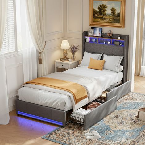 Cama con almacenaje 90x200 cm, cama individual con 2 cajones, cabecero con almacenaje, USB, USB-C, iluminación LED y somier de lamas - Gris (1/5)