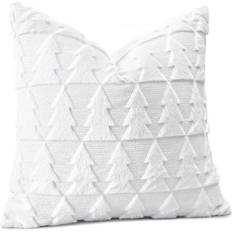 Funda de cojín navideña de 45×45 cm – suave y mullida lana de pelo corto, color blanco de lujo con árbol de Navidad (1 unidad) (1/5)