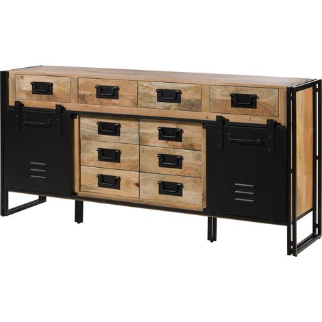 Buffet bas Manguier natur laqué 195x45x90 cm monté BLACKBURN 109 (1/4)