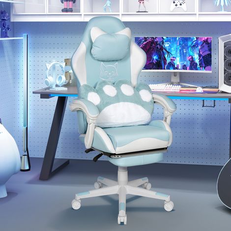 Puluomis – Chaise gaming ergonomique avec coussin lombaire – Dossier réglable 90°-150° – Repose-pieds et appui-tête – Cuir PU respirant bleu et blanc (1/5)
