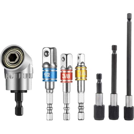 Ensemble de 7 outils d'angle 105° pour tournevis électrique – foret d'angle, 3 rallonges 1/4", 3 douilles impact, écrou carré, embout (1/5)