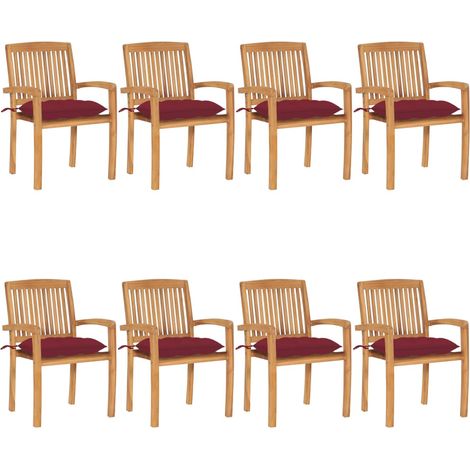 Chaises de jardin empilables avec coussins lot de 8 Teck solide (1/5)