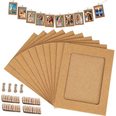 Guirlande De 40 Cadres Photo En Papier Kraft Couleur Cuir De Vachette (15,5 X 11,5 Cm), Avec 40 Pinces En Bois Et 4 Cordes En Chanvre Pour Décoration Murale (À Faire Soi-Même). Rideau Photo Pour Anniv (1/5)