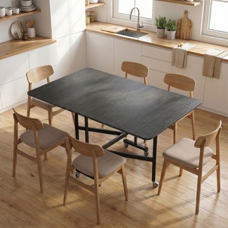 Table à Manger Pliante sur Roulettes pour 4-6 Personnes 120 cm, Roues avec Freins, 2 Abattants, Industriel, Noir (1/5)