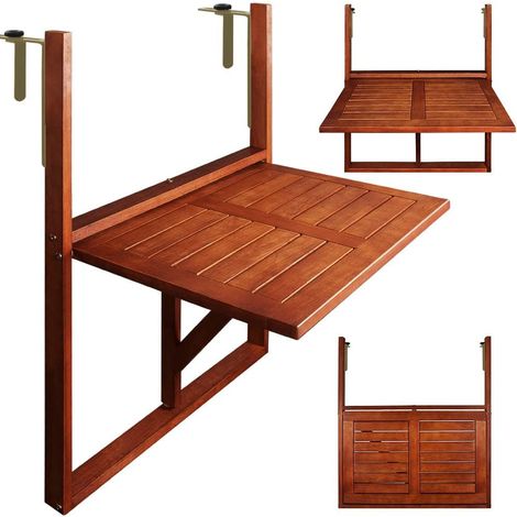 Table de balcon suspendue en bois d'acacia – Pliante – 65 x 45 x 87 cm – Certifiée FSC – Idéale pour balcon, terrasse et garde-corps (1/5)