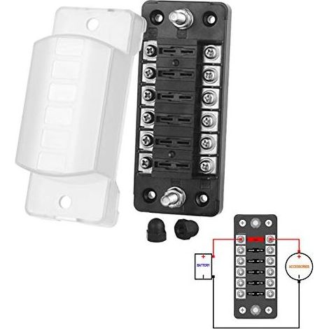 Boîtier fusible 12V 6 voies pour ATO/ATC 1-20A – Tension 32V – Matériau PBT – Connecteurs à vis M5 – Installation rapide par vis autoforeuses (1/5)