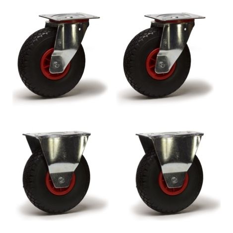 Lot de 4 roulettes pivotantes et fixes pneu gonflable 3.00-4 - 405 Kg
