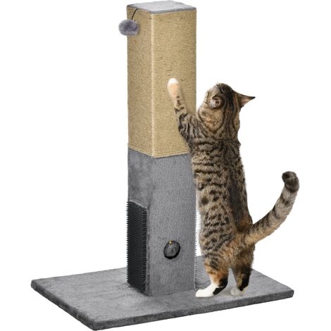 Albero Tiragraffi per Gatti 59,5x39x79 cm 2 Palline Giocattolo e Spazzola in Legno Iuta e Peluche Grigio (1/5)