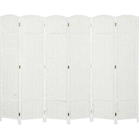 Paravent pliable 6 panneaux en bois de pin et tissu blanc pour séparation d'intérieur (1/5)