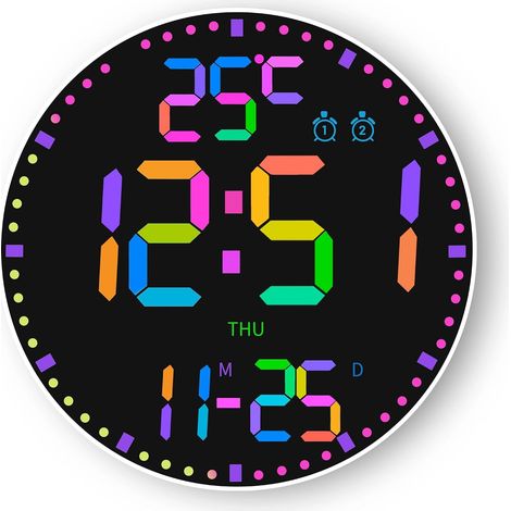 29.5 cm Round Digital LED Wall Clock Modern Electric Wall Clock with Remote Control, 12 RGB Colours, Temperature, Humidity, Date, Alarms, Auto Brightness for Living Room, Bedroom, Office (1/5)