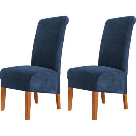 Funda de terciopelo para silla de comedor, con respaldo alto y elástico, lavable, extraíble, juego de 2 piezas, azul oscuro. (1/5)