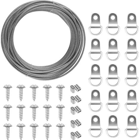 Attache Cadre Cable Suspension 2 mm x 10 m pour Fixations Miroir, avec 10 Tubes de sertissage, 15 Crochets et vis Cadre-Cadre en D 30 kg (1/5)