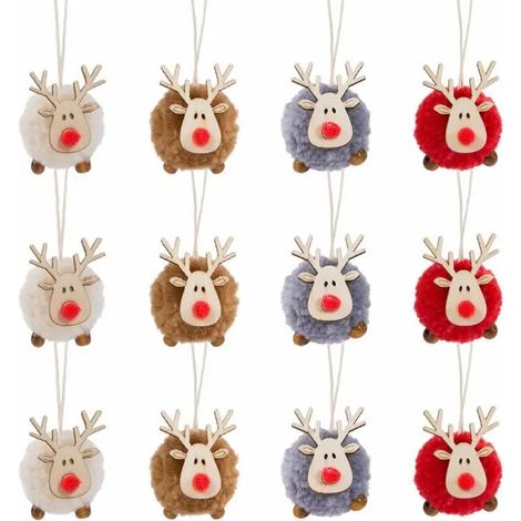 Lot de 12 décorations de Noël à suspendre en bois et feutre - 4 couleurs - Décorations de cerf de Noël pour fête de Noël (1/5)