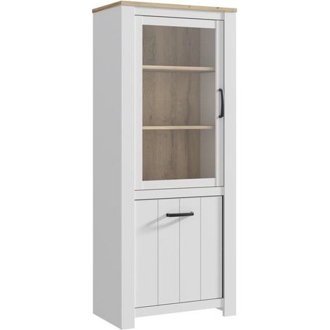 Vitrine - ELARA - 2 portes dont 1 vitrée - Chene / Blanc mat - 76,9 x 42,2 x 185,5 cm (1/3)