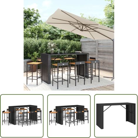 The Living Store Ensemble de bar jardin 9 pcs noir poly rotin/bois massif acacia - Ensemble Salon De Jardin - Mobilier De Jardin - Set De Bar Extérieur - Table Et Chaises De Jardin - Table Basse Jardi (1/5)