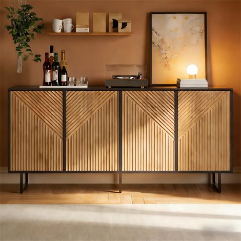 Comblant de salon (taille : 160 x 40 x 75 cm), avec 4 portes. Meuble de rangement en bois naturel, de couleur noire. Tiroir avec 3 pieds de soutien. Largeur : 160 cm. (1/5)