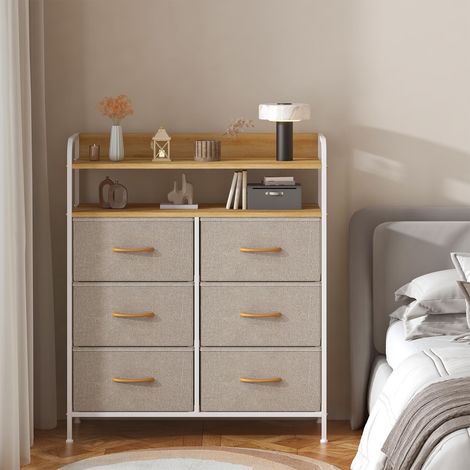 Cassettiera in tessuto a 6 cassetti, piano a 2 livelli, struttura in acciaio e MDF, mobile contenitore per camera, soggiorno e ingresso, cachi (1/5)