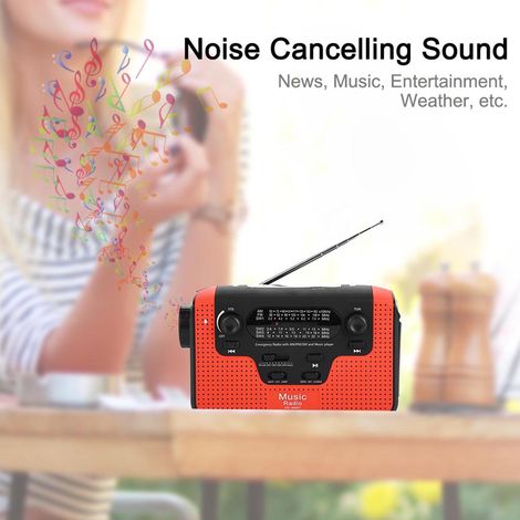 Radio FM/AM/SW solaire à manivelle, avec carte mémoire, musique et appels mains libres Bluetooth. Radio FM solaire rouge. (1/5)