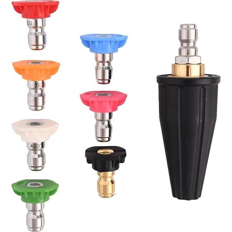 Ensemble de 7 buses pour nettoyeur haute pression — buse à connexion rapide de 1/4 pouce + 1 tête de pulvérisation, principalement pour le lavage de voitures et le jardinage.