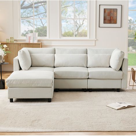 Divano 220x83x81 cm in Lino Beige, 3-4 Posti con Chaise-longue Mobile e 5 Cuscini Inclusi (1/5)