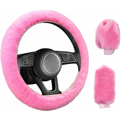 3 Pièces Couverture de Volant de Voiture Anti-Dérapant Élastique Housse de Volant Universelle de Voiture en Peluche Rose avec Housse Frein à Main et Boîte Vitesses (38cm)dengyank (1/5)
