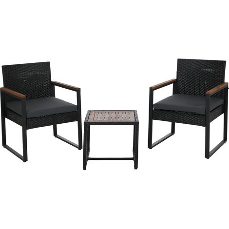 Ensemble en polyrotin HWC-P74, salon de jardin 2x chaises et table, bois d'acacia, tissu 180 g/m2 - (1/5)