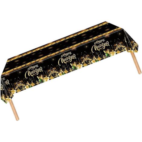 Nappe Saint-Sylvestre Déco Noir Or 2026 Happy New Year PVC 137x274cm