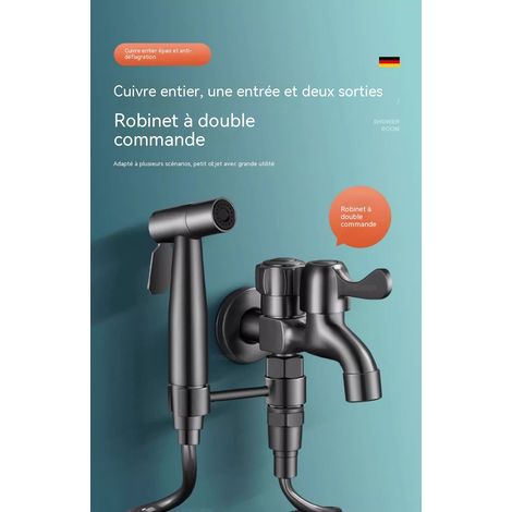 Robinet pour évier à balai haute pression, double sortie tuyau 3m acier inoxydable gris pistolet (1/4)
