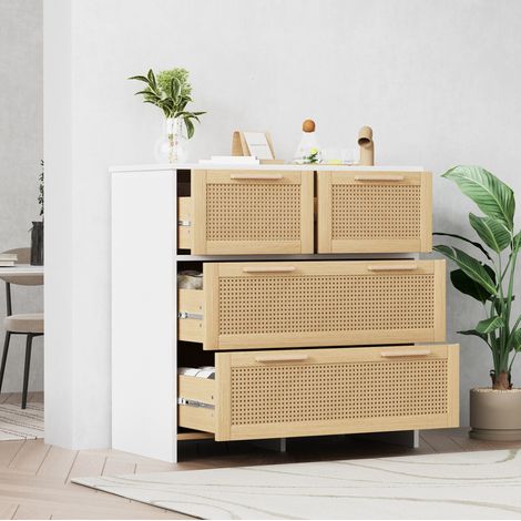 Cassettiera a 4 cassetti in rattan, 80 x 80 x 38 cm, MDF e legno, naturale e bianca DESVIAE (1/5)