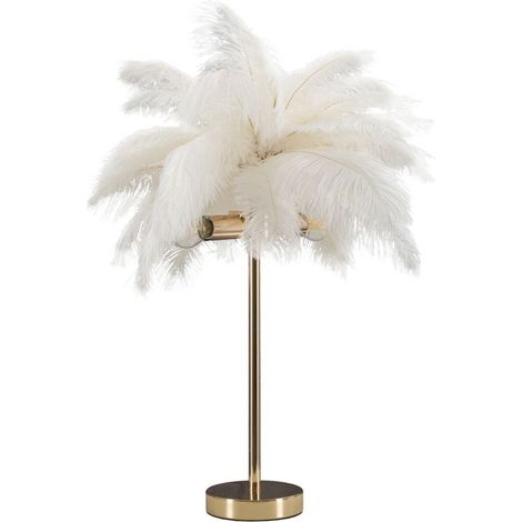 Lampada da tavolo Palm bianca in metallo dorato con piume di struzzo (1/5)