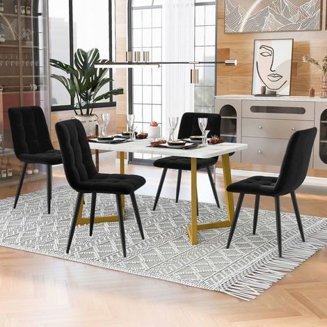 Ensemble Table et Chaises 117 cm 4 chaises table rectangulaire style moderne chaises en velours noir cadre métal doré (1/5)