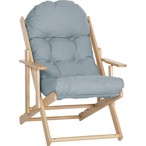 Fauteuil Relax Pliable 1 Place Dossier Réglable 3 Positions Structure en Bois de Hêtre Coussin Gris Clair (1/5)