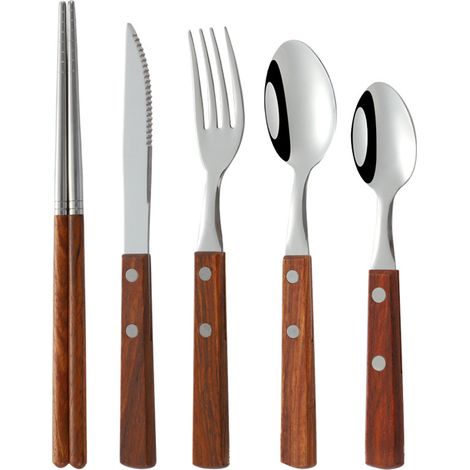 Couverts De Voyage - Ensemble 5 Pièces En Acier Inoxydable Et Bois - Fourchette Cuillère Couteau Baguettes - Pour Bureau Pique-Nique Camping - 1 Lot (1/5)